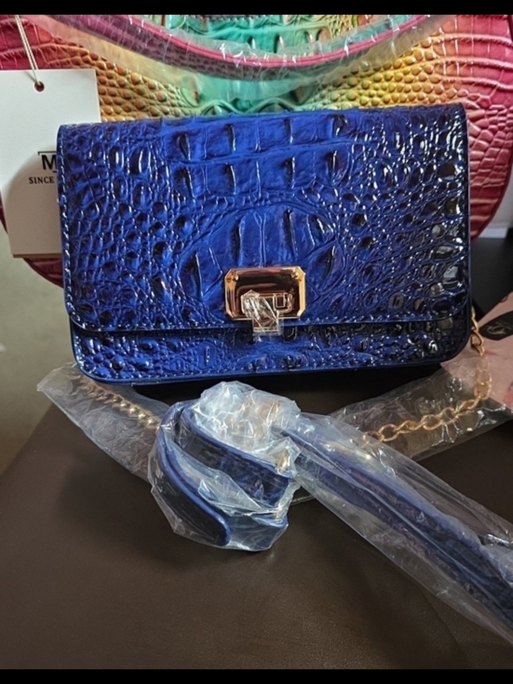Blue Croc-Embossed Crossbody Bag with Gold Hardware